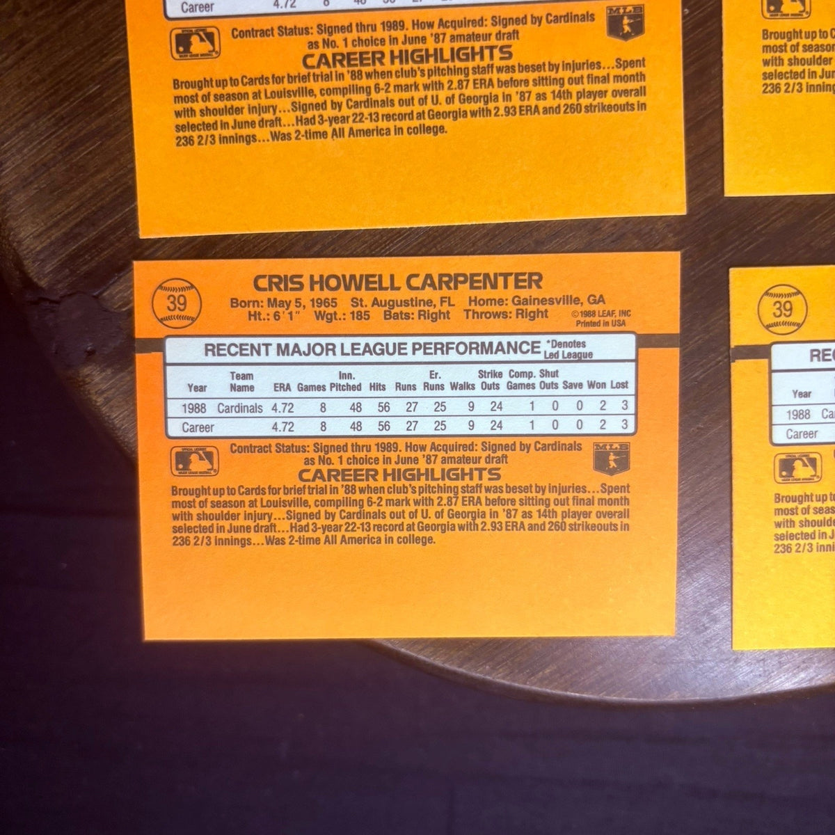 Lot of (6) 1989 Donruss #39 CHRIS CARPENTER (RATED ROOKIE) St. Louis Cardinals