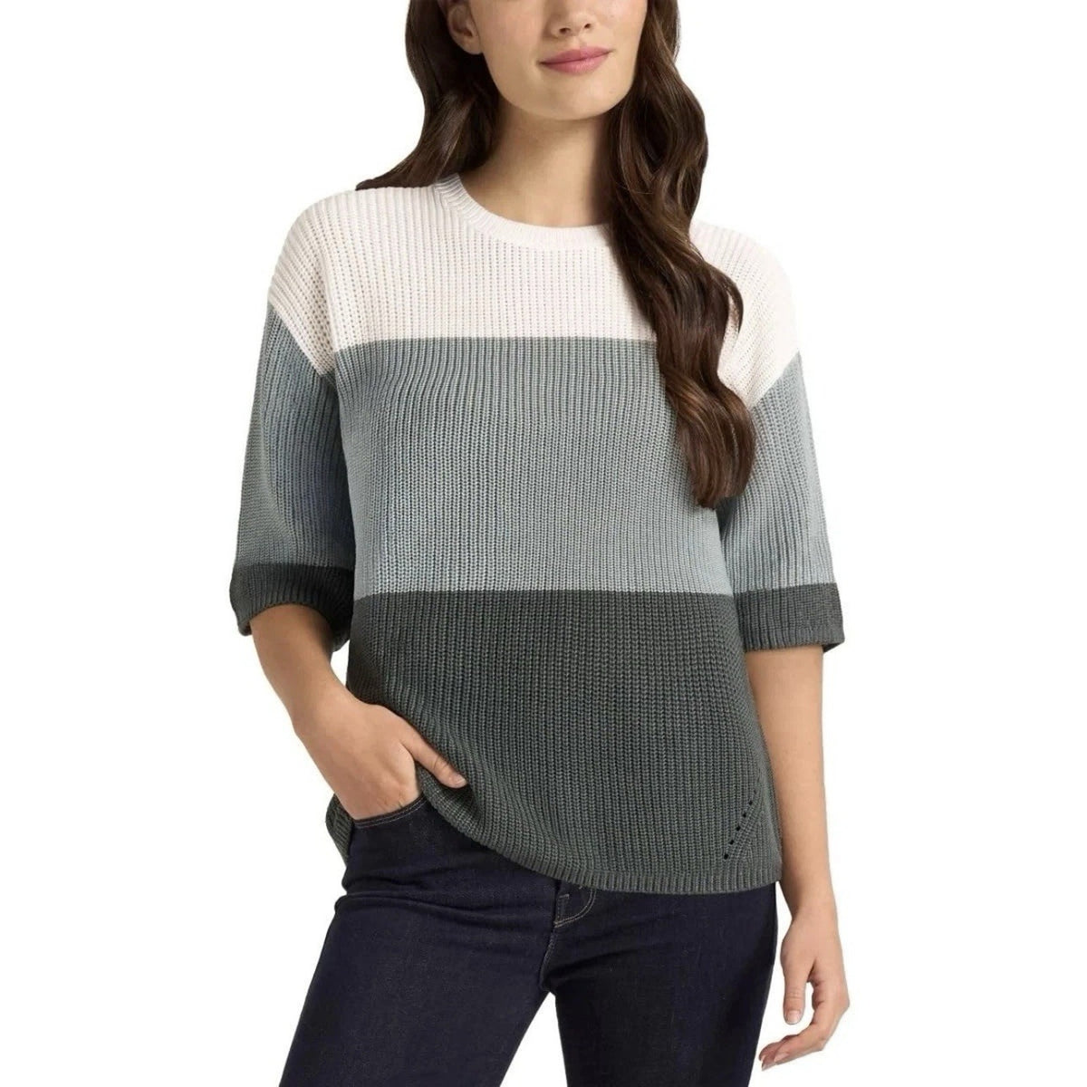 Matty M Sweater Size Women's XXL Colorblock Polyester Crewneck Grey, Blue, White