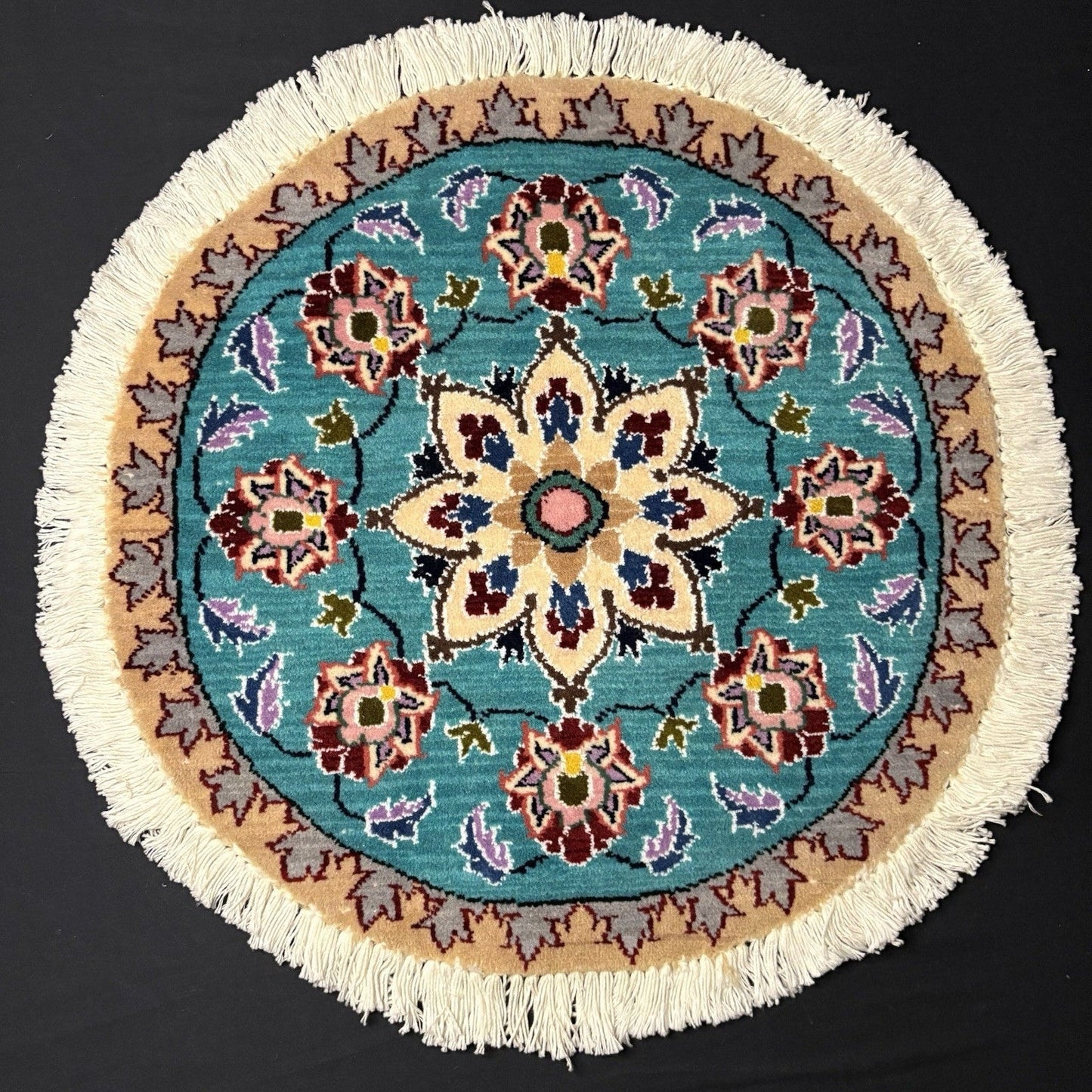 Persian Nain Round Medallion Rug Hand Knotted Size 20”x20” Or 50cm Blue Rug