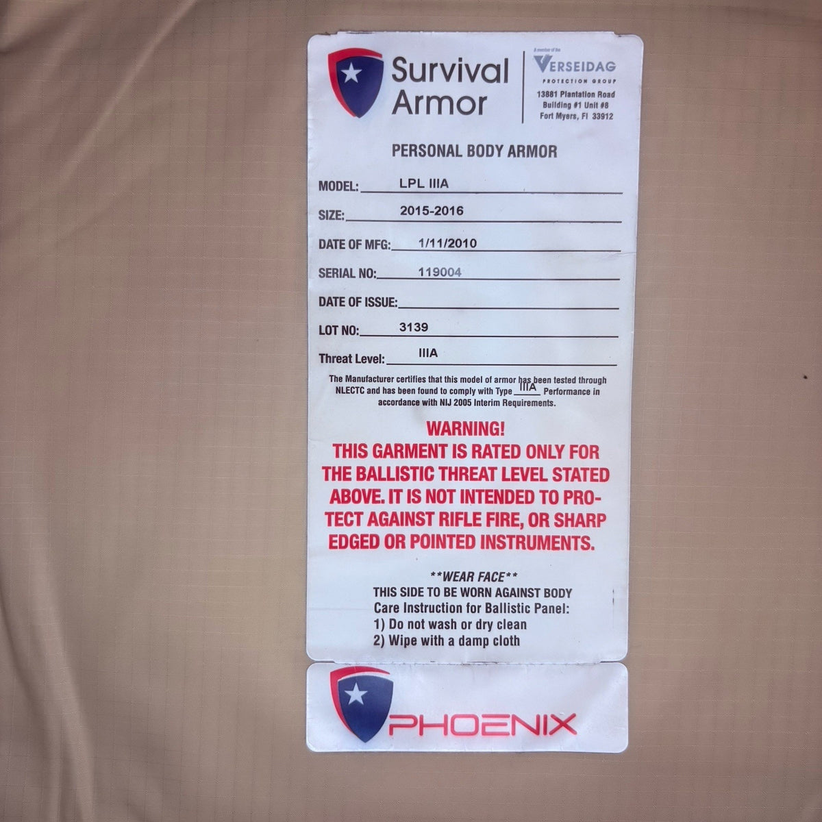 Survival Armor 3A Vest Size Large Bulletproof IIIA Ballistic Armorbvv
