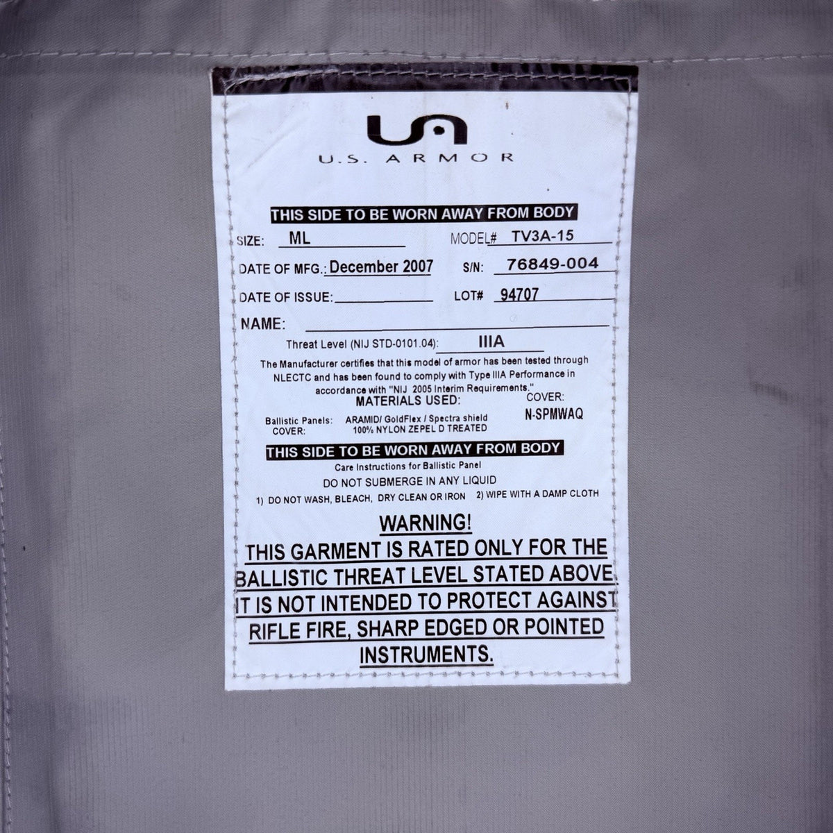 US Armor 3A Ballistic Vest Size Medium IIIA Concealable Second Chance Carrier
