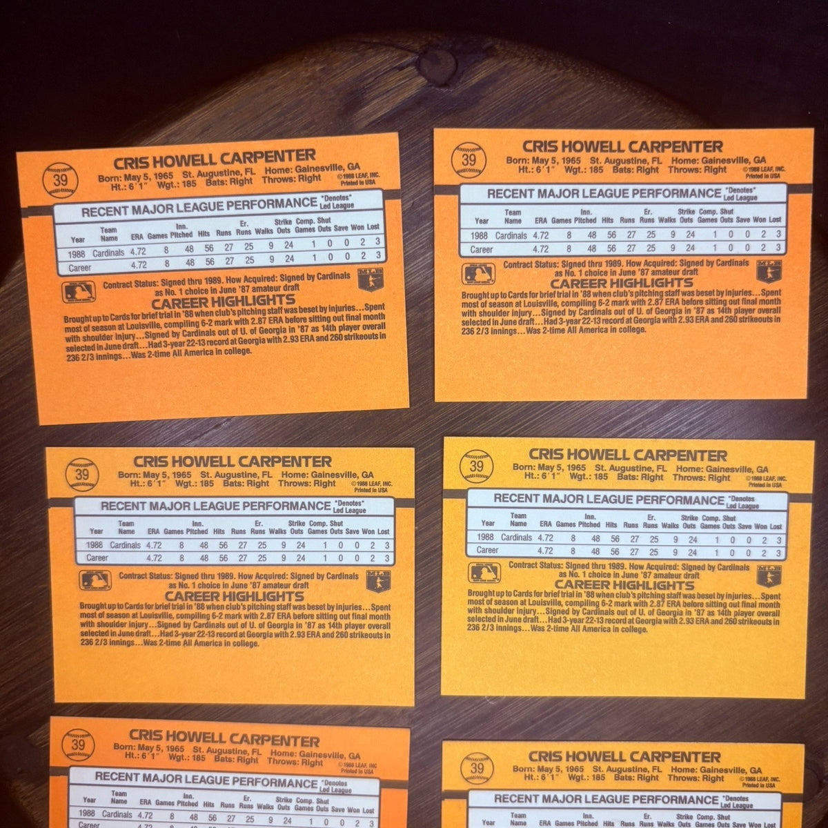 Lot of (6) 1989 Donruss #39 CHRIS CARPENTER (RATED ROOKIE) St. Louis Cardinals
