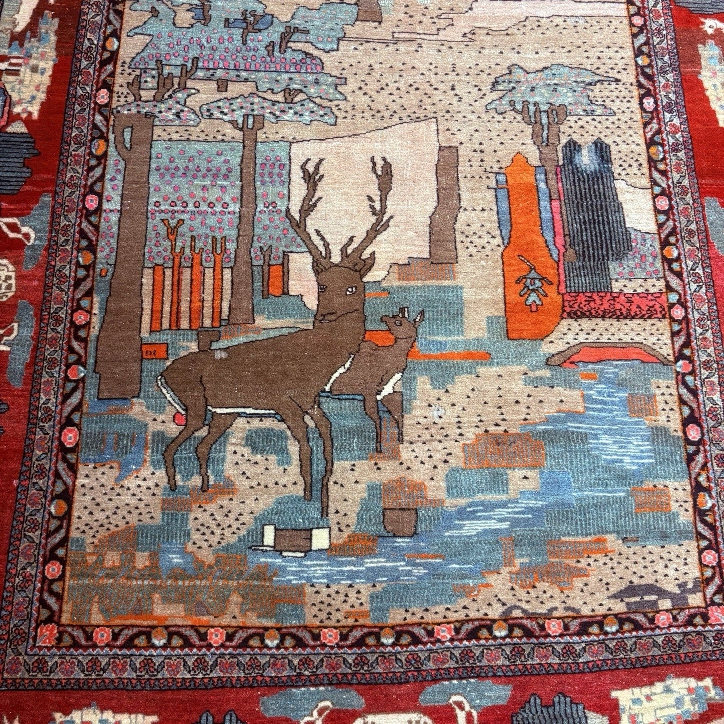 Antique Persian Hand Knotted Pictorial Rug 9'x5' 1940s Kashann Rug