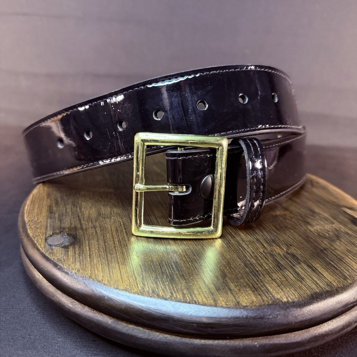 Boston Leather Belt Size 30" High Gloss Black Garrison Gold Buckle Made in USA