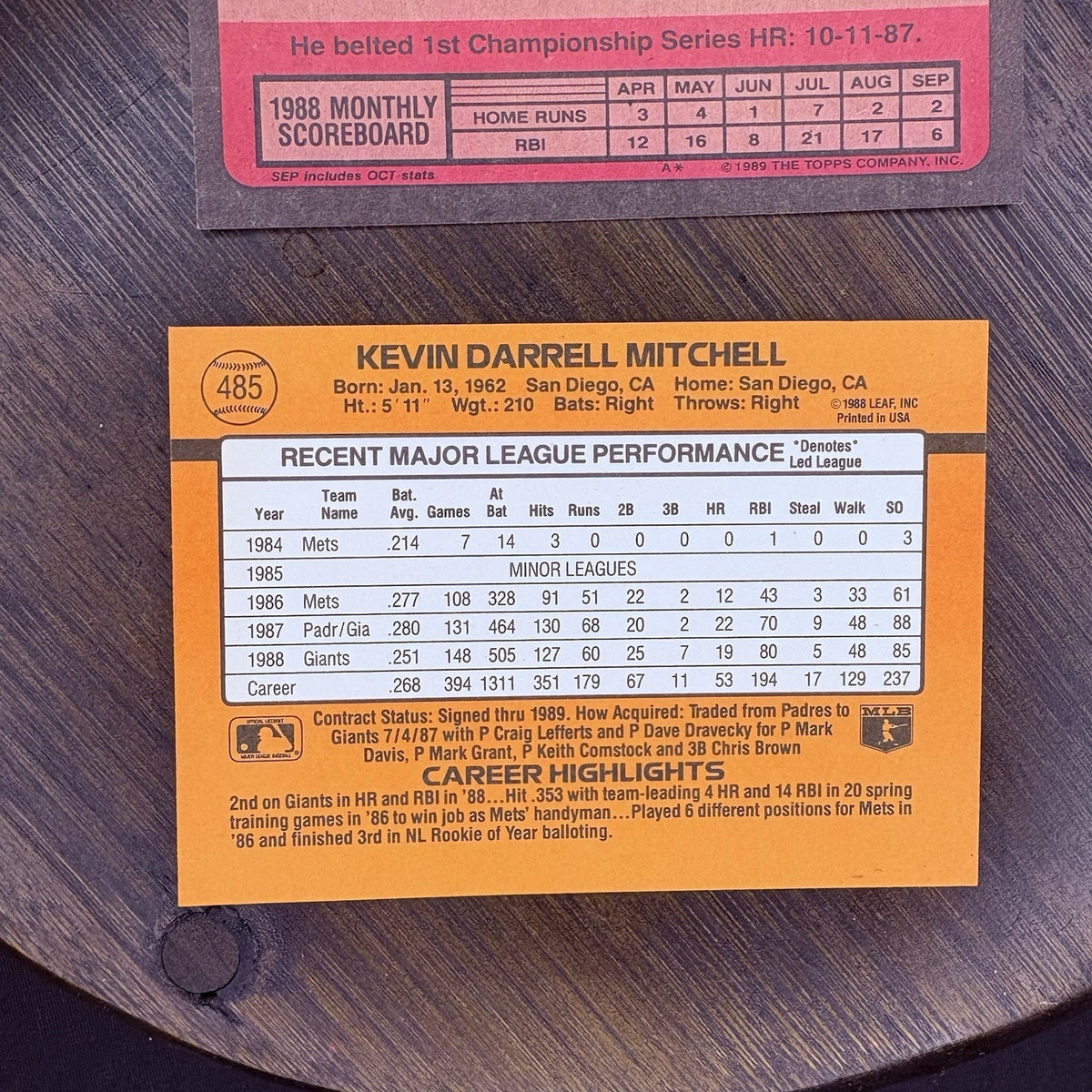 1989 Donruss Kevin Mitchell #485 ERROR Card (No Dot INC) & (2) Topps #189