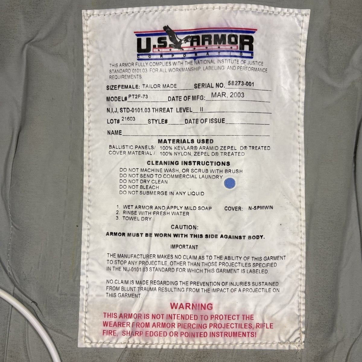 US Armor Bulletproof Vest Level 2 II Size Female Medium Concealable Vest