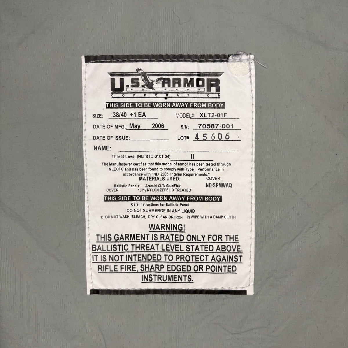 US Armor Level 2 Bulletproof Vest Size Women's Small Ballistic II Concealable