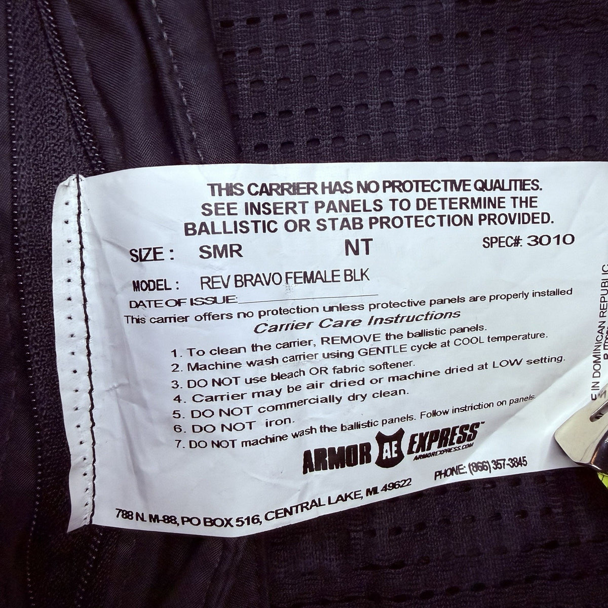 Armor Express Women's Concealable Carrier Vest Size Small Black w/Straps