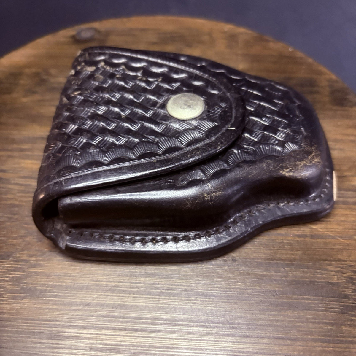 Safety Speed Handcuff Case Holster Leather Basket Weave Chrome Snap Made In USA