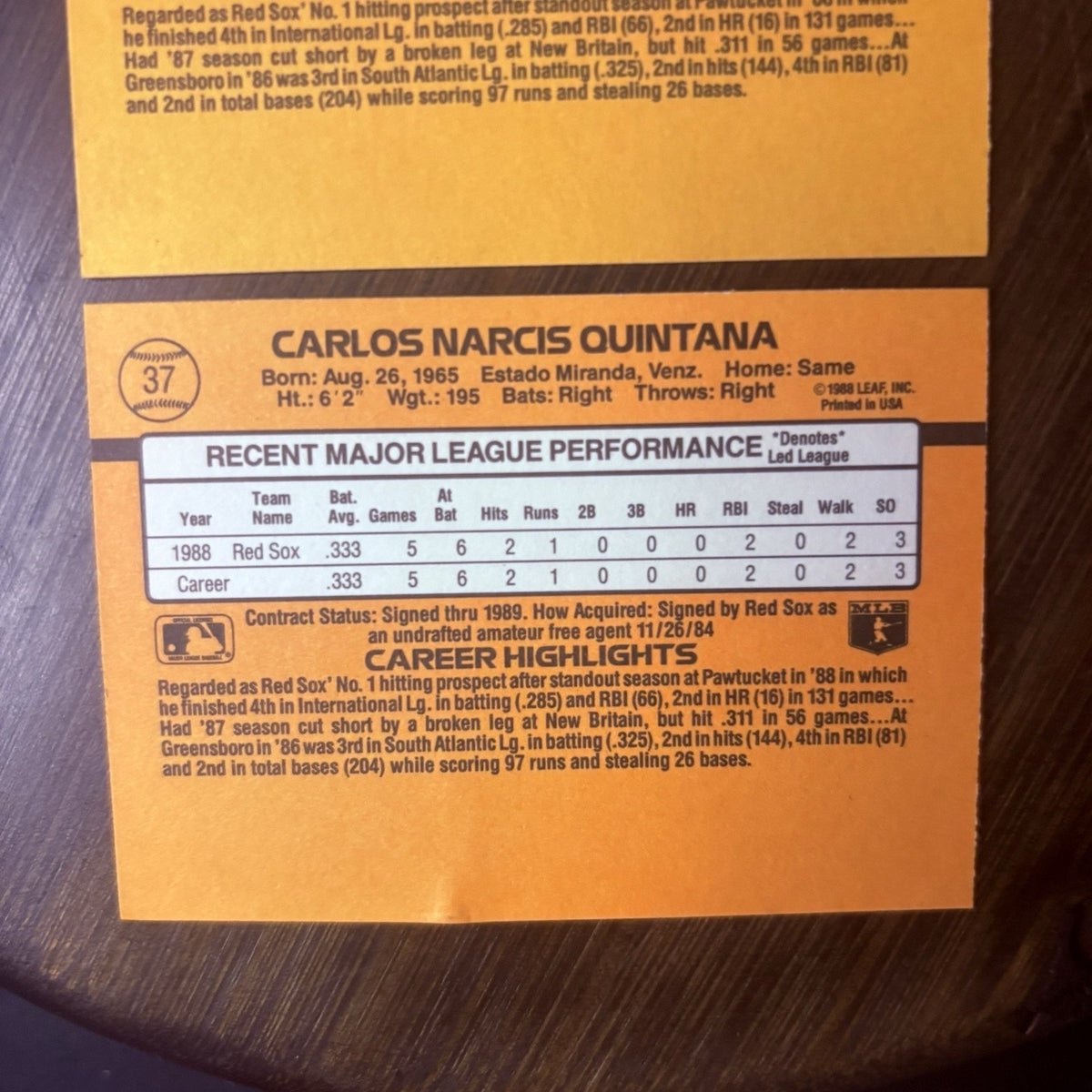 Lot of (3) 1989 Donruss RC Carlos Quintana #37 Rated Rookie NRMT-MT Red Sox