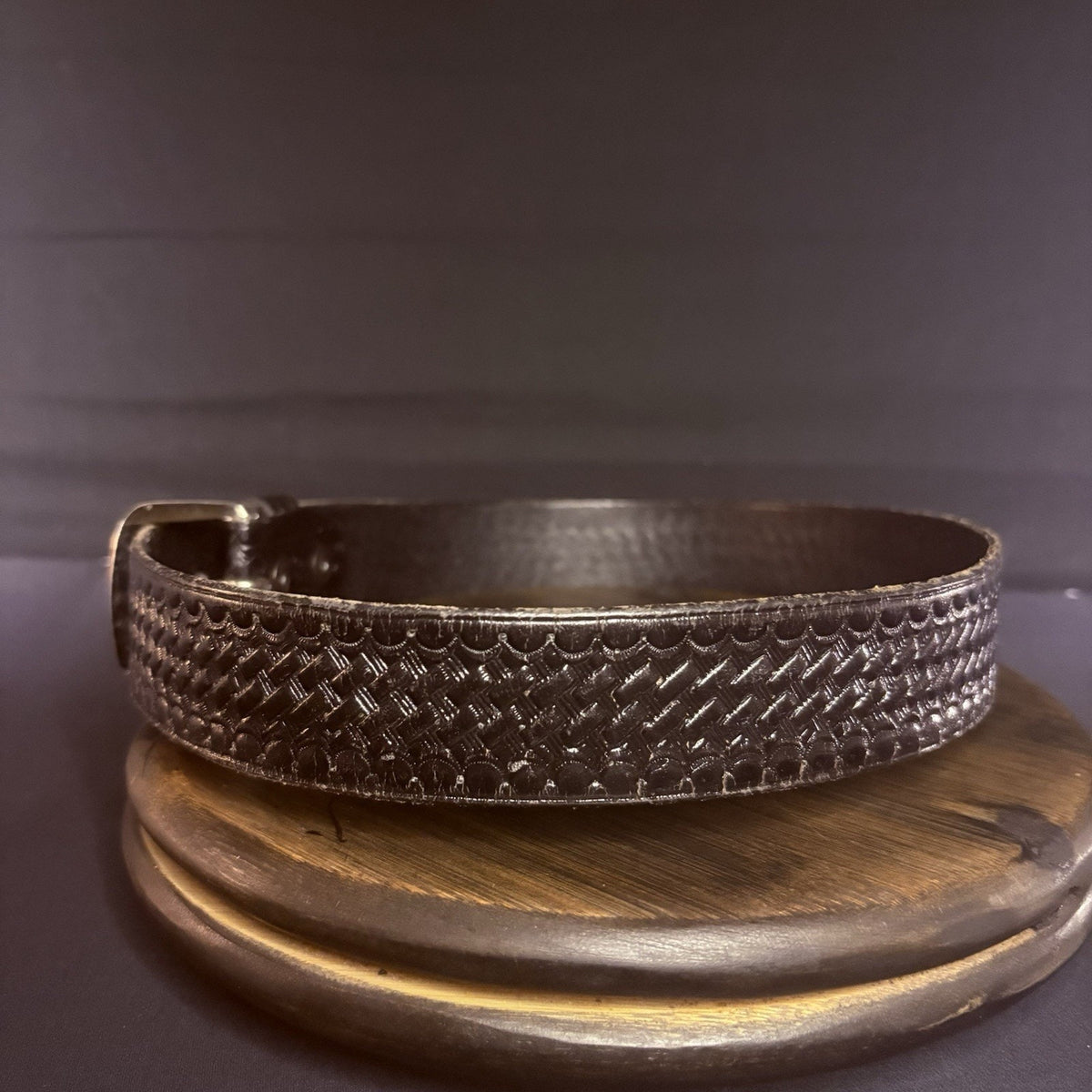 JS Leather Belt Size 32" Off Duty Black Basket Weave Chrome Buckle