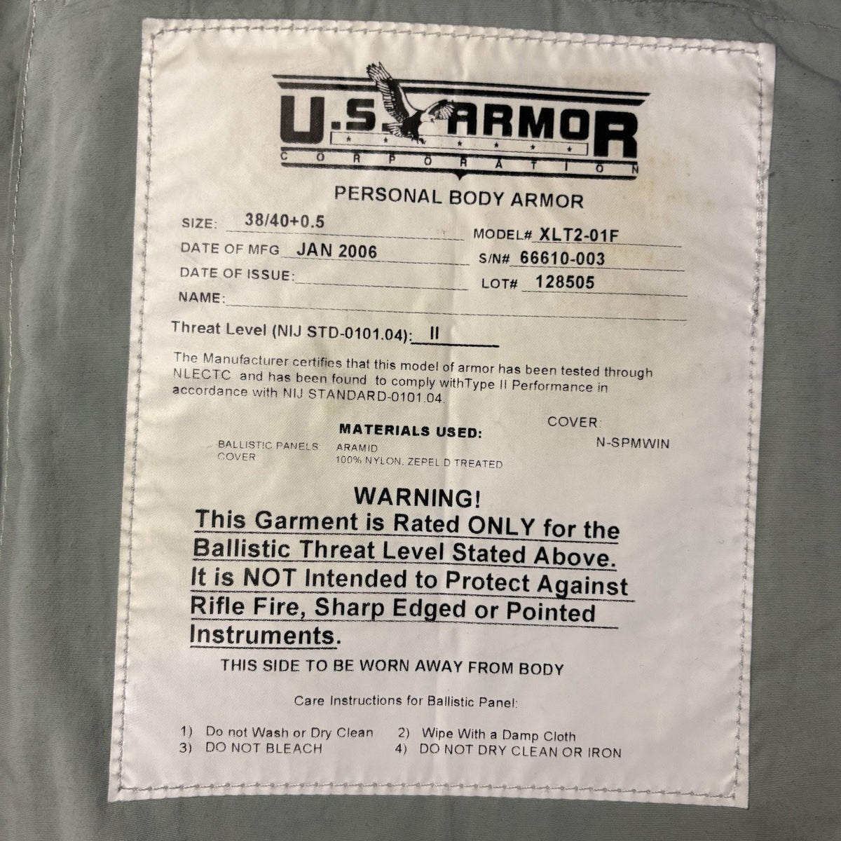 US Armor Level 2 II Vest Size Women's Medium Bulletproof w/ Trauma Plate