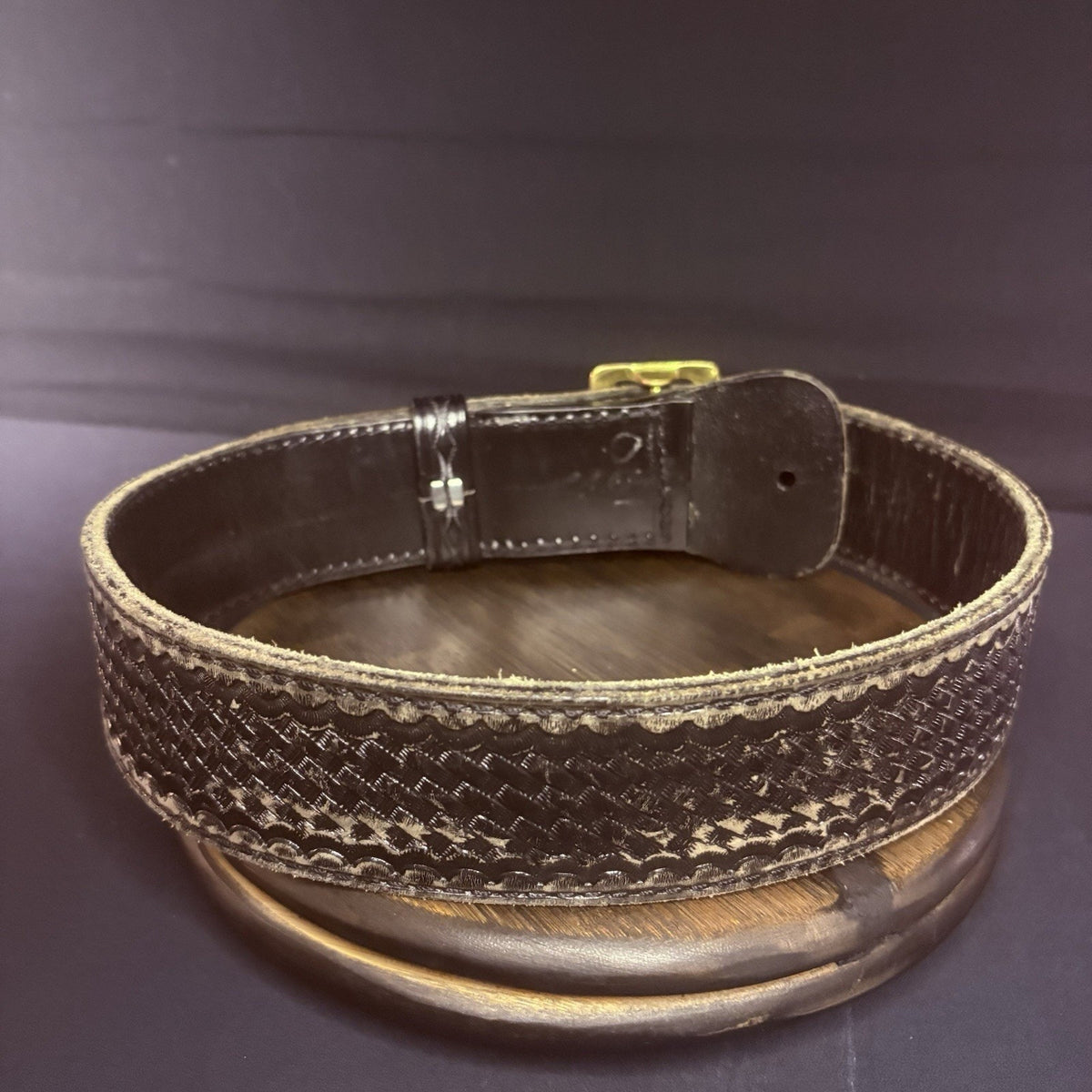 JS Leather Sam Browne Duty Belt Size 28" Black Basket Weave Leather Brass Buckle