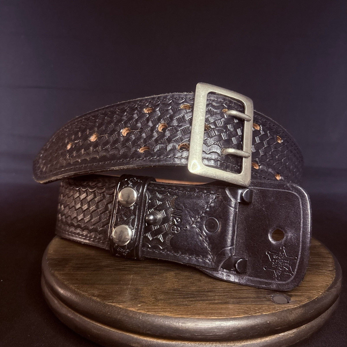 Tex Shoemaker Duty Belt Size 28" Basketweave Leather 2.25" Wide, Nickel Buckle