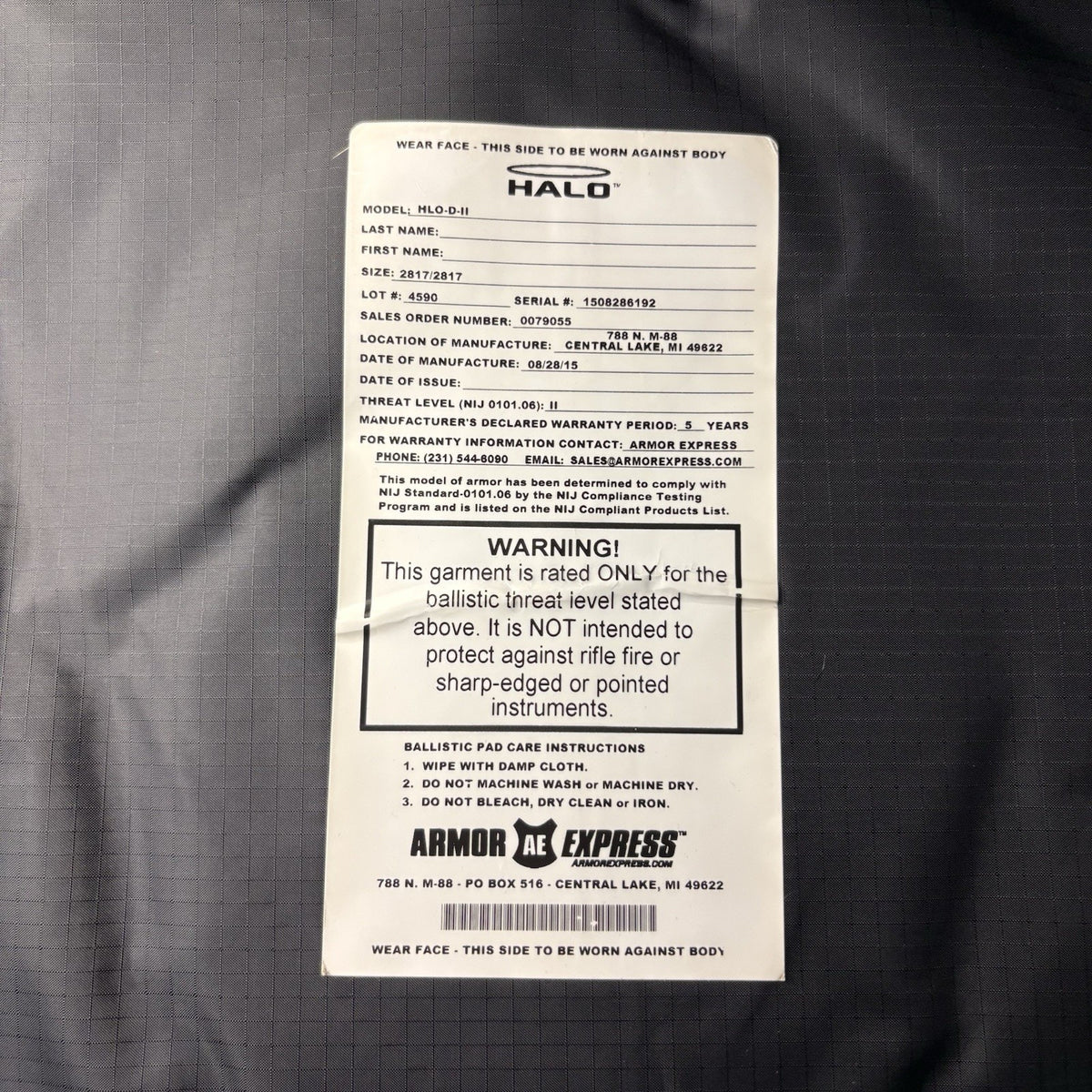 Elbeco Tactical Carrier Armor Express Level 2 II Armor Size XXXL Long 28x17