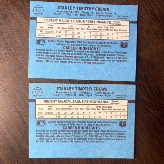 1988 Donruss - Tim Crews - #464 - Los Angeles Dodgers - RC Lot Of (2)