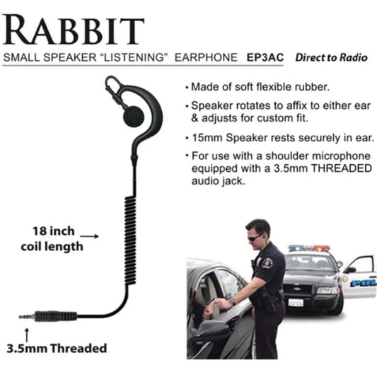 RABBIT Earpiece for Motorola XTS Series Radios 3.5mm Threaded Listen Only Law