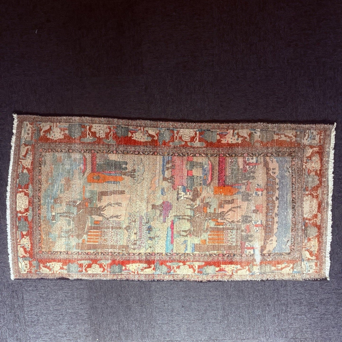 Antique Persian Hand Knotted Pictorial Rug 9'x5' 1940s Kashann Rug