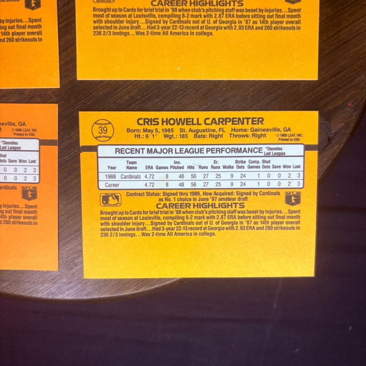 Lot of (6) 1989 Donruss #39 CHRIS CARPENTER (RATED ROOKIE) St. Louis Cardinals