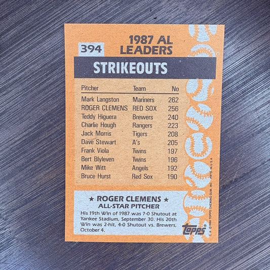 1988 Topps Roger Clemens Baseball Card #394 (HIGH GRADE)