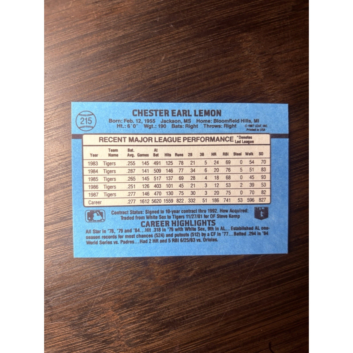 Donruss Chet Lemon #215 High Grade Baseball Card See Photos