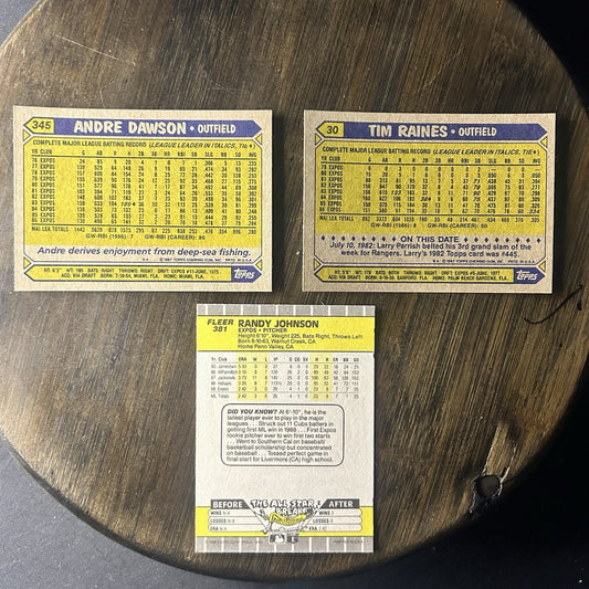 1989 (3) Expos Randy Johnson #381 Rookie Card & #345 Andre Dawson,#30 Tim Raines