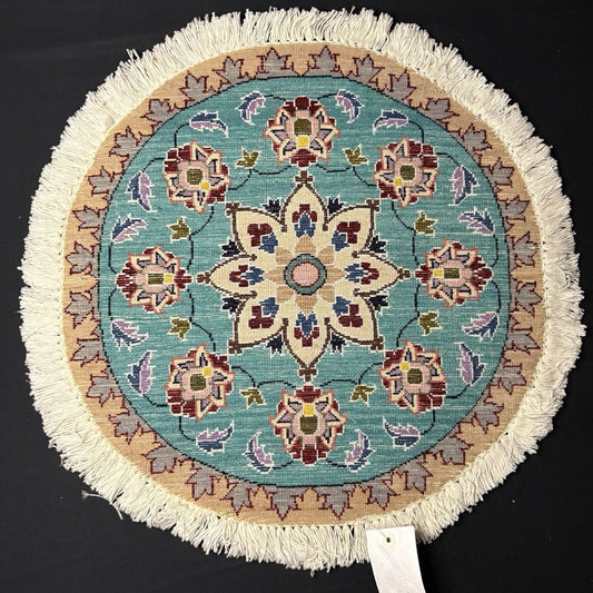 Persian Nain Round Medallion Rug Hand Knotted Size 20”x20” Or 50cm Blue Rug