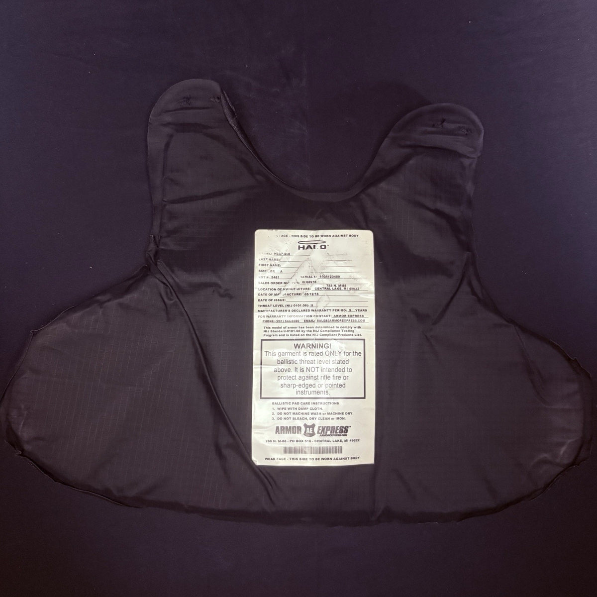 Armor Express Level 2 II Vest Size X-SMALL Bulletproof Concealable Vest