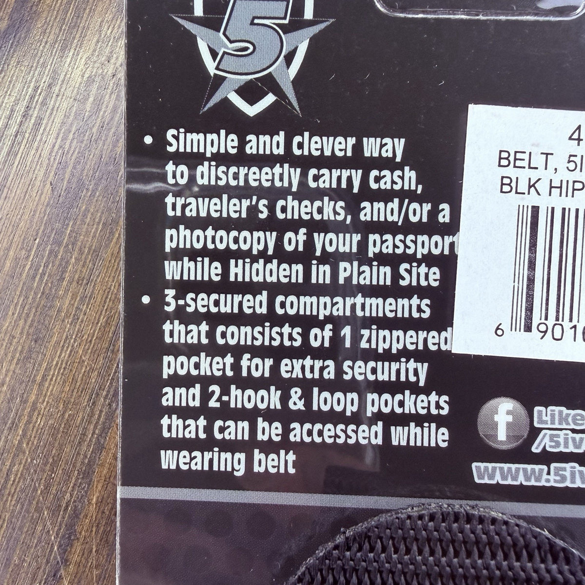 5 Star Tactical HIPS Belt 3 Hidden Pockets Size Small Black Metal Buckle 1.75"