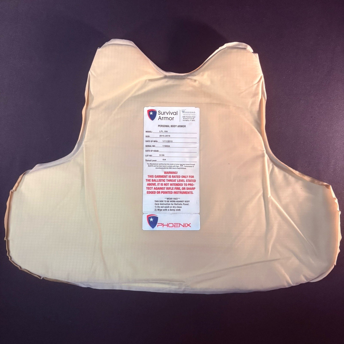 Survival Armor 3A Vest Size Large Bulletproof IIIA Ballistic Armorbvv