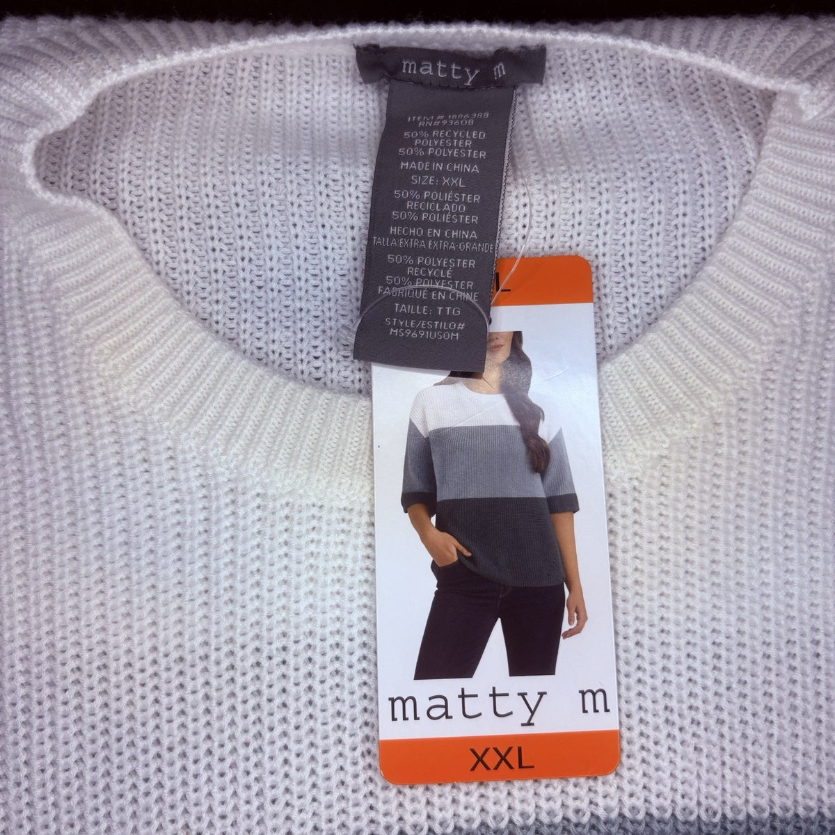 Matty M Sweater Size Women's XXL Colorblock Polyester Crewneck Grey, Blue, White