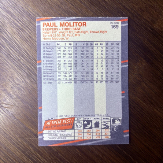 1988 Fleer Paul Molitor Baseball Card #169 Mint FREE SHIPPING
