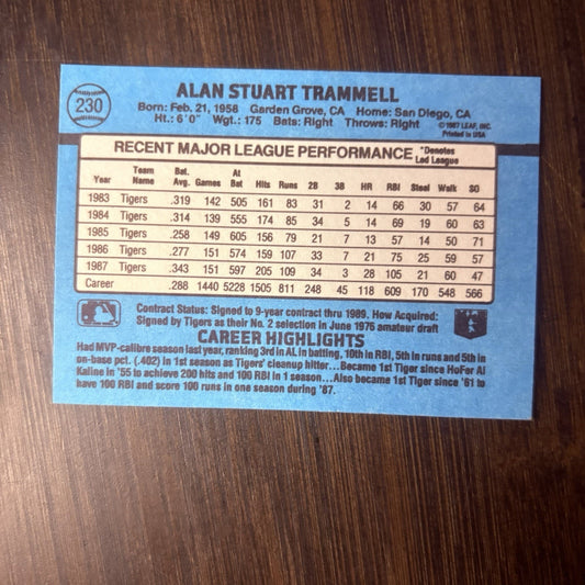1988 Alan Trammell Donruss High Grade Baseball Card Detroit Tigers #230 HOF