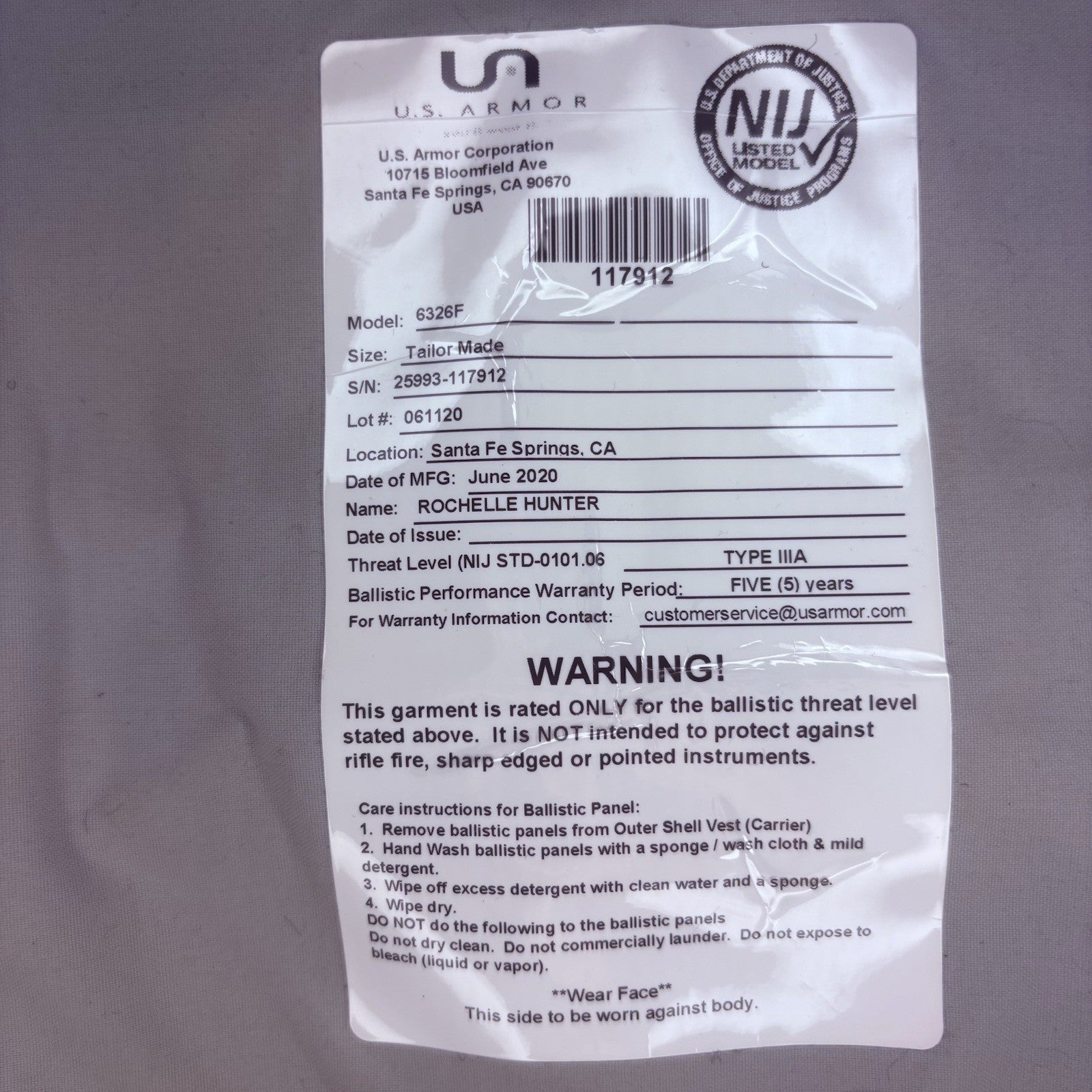 US Armor 2020 Bullet Proof 3A Vest Size FEMALE SMALL Ballistic IIIA Concealable9