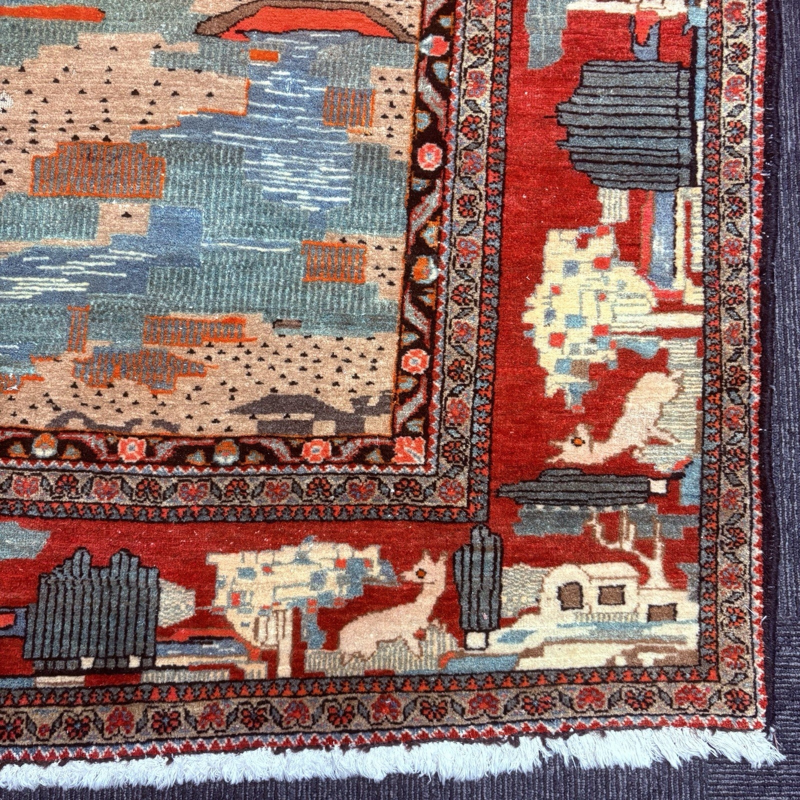 Antique Hand Knotted Pictorial Rug 9'x5' 1940s Kashann Rug6