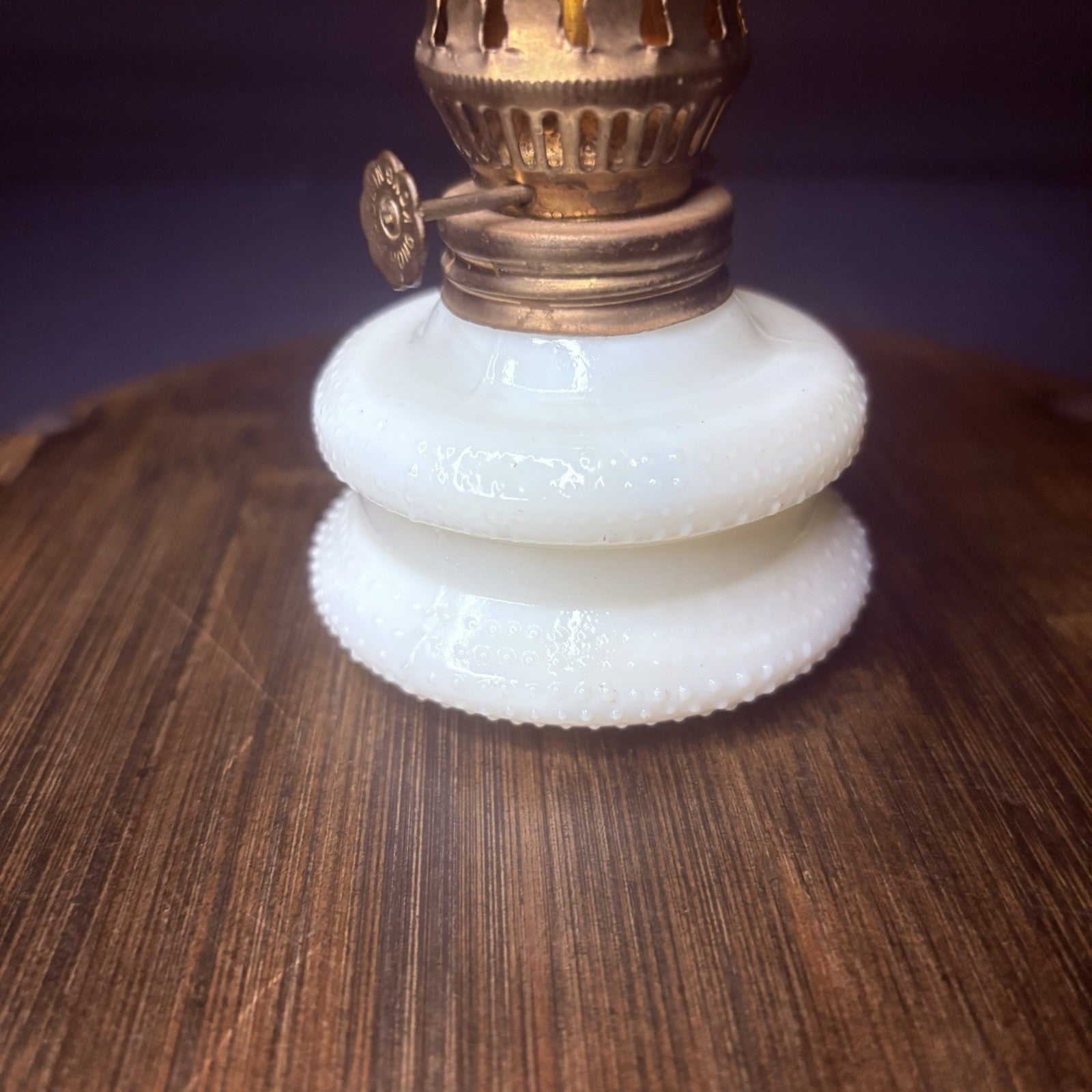 VTG Miniature Hurricane Oil Lamp Hobnail Milk Glass Base Amber Globe, Hong Kong1