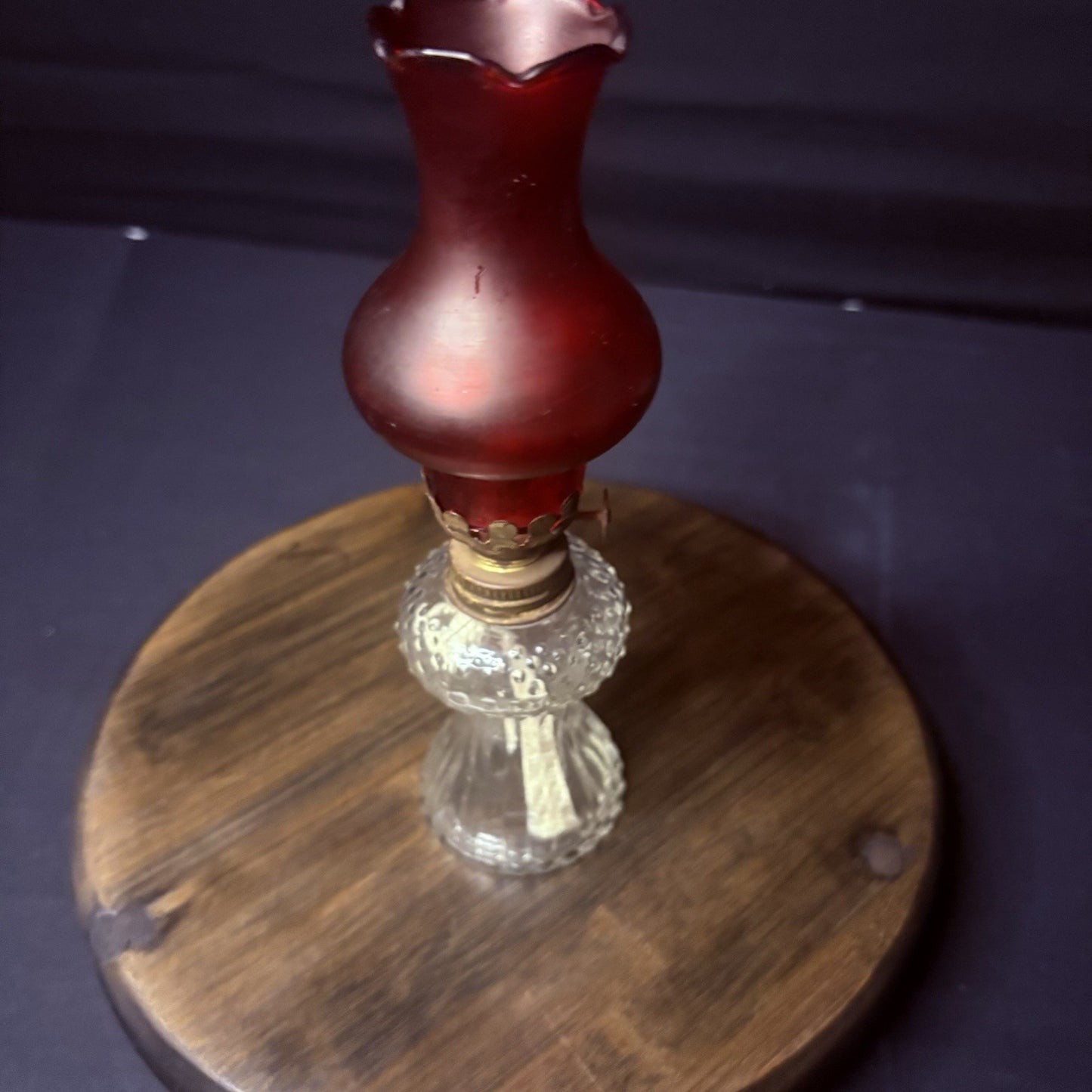 VTG Miniature Hurricane Oil Lamp Clear Hobnail Bubble Base, Ruby Red Bell Globe5