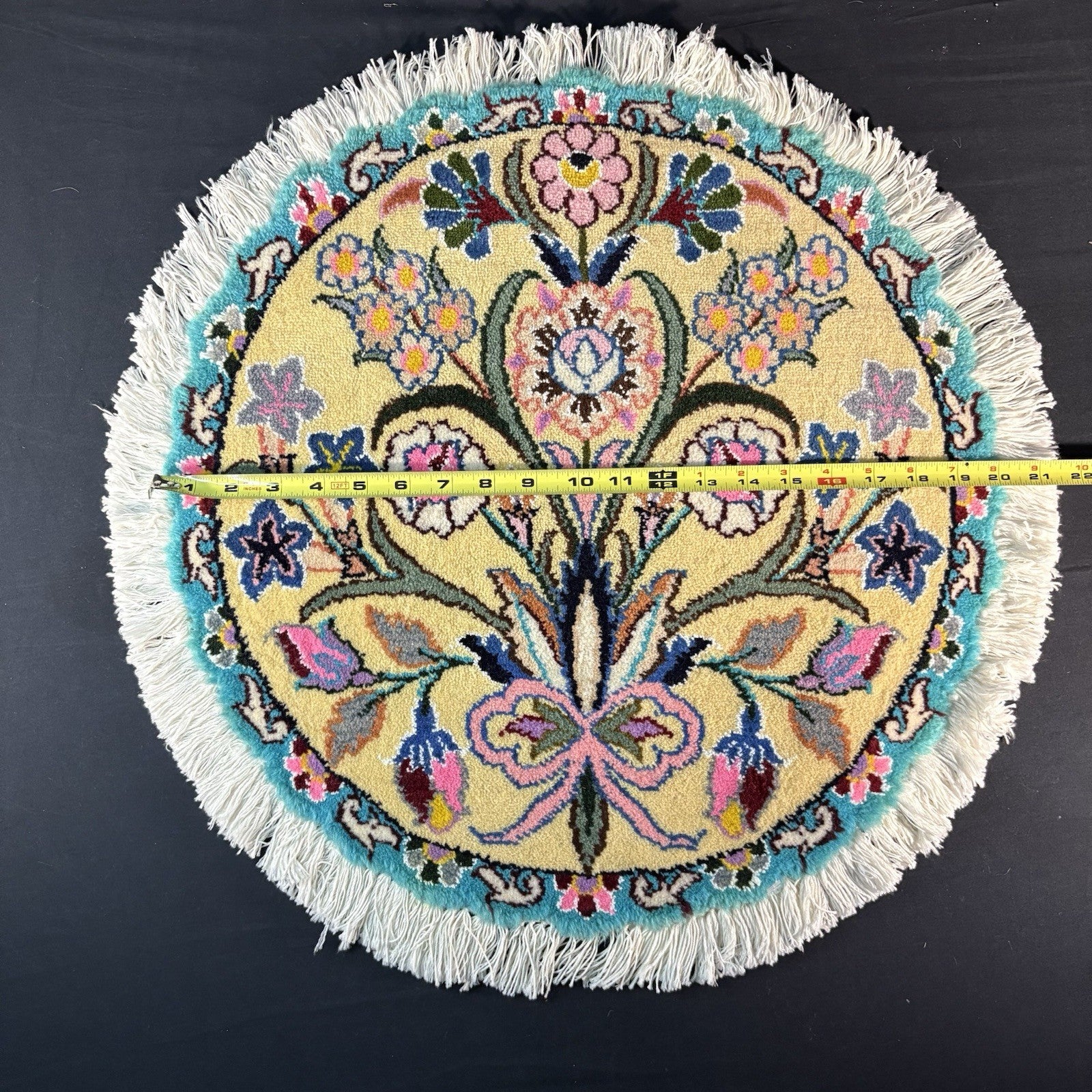 Round Flower Rug Yellow Hand Knotted Size 20”x20” Or 50cm X 50cm2