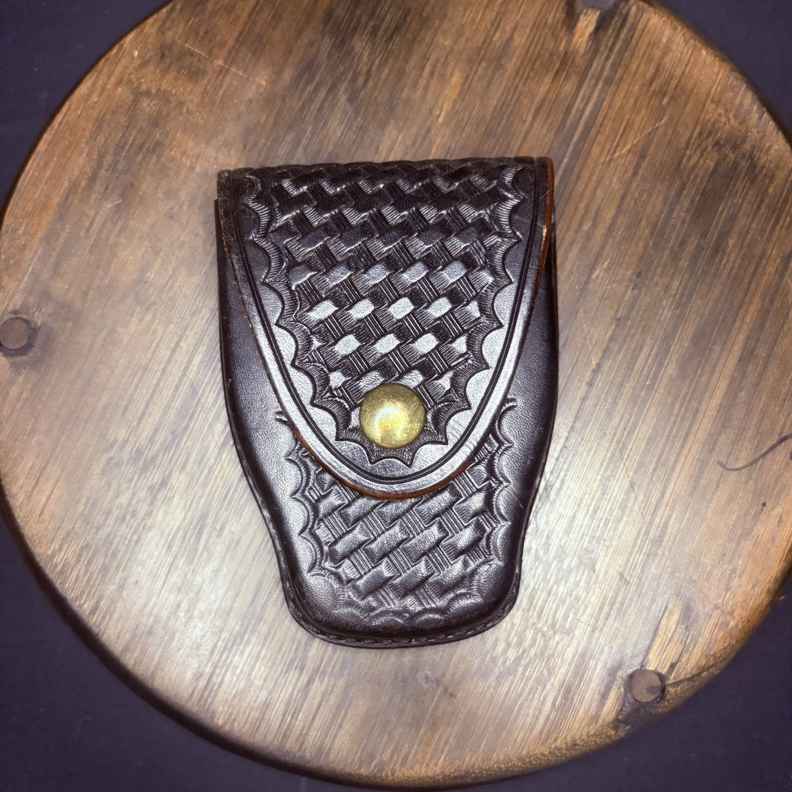 Tex Shoemaker Handcuff Case (204) Black Basket Leather Brass Snap Chain or Hinge0