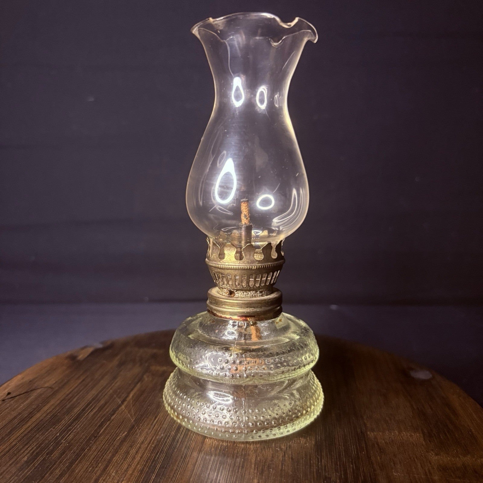 VTG Miniature Hurricane Lamp Clear w/ Hobnail Double Bubble Base Hong Kong Made12