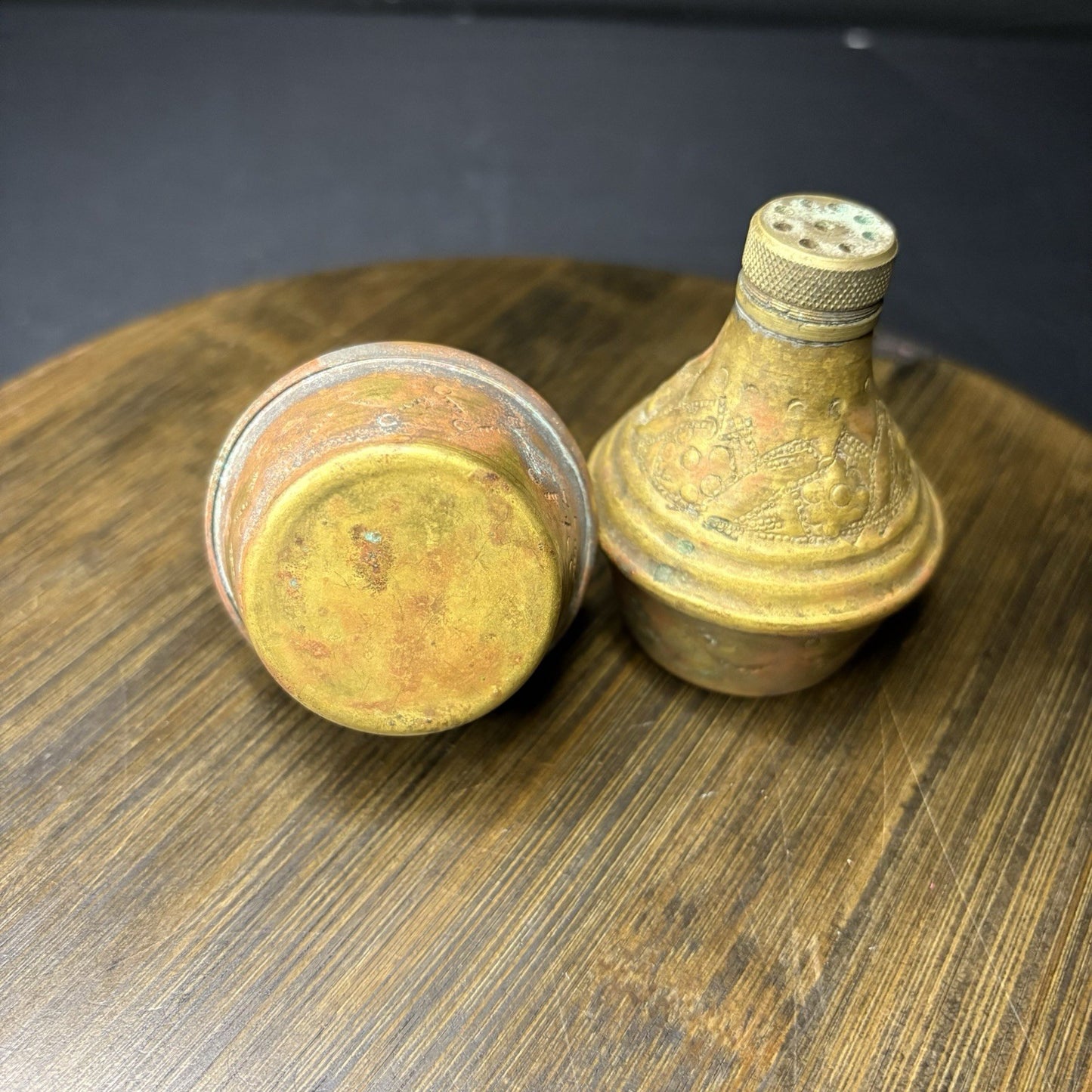 Antique Copper Salt & Pepper Shaker Hand Etched Copper Early 1900s6