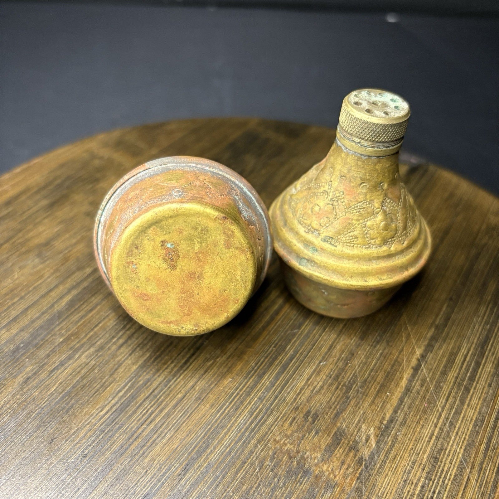 Antique Copper Salt & Pepper Shaker Hand Etched Copper Early 1900s6