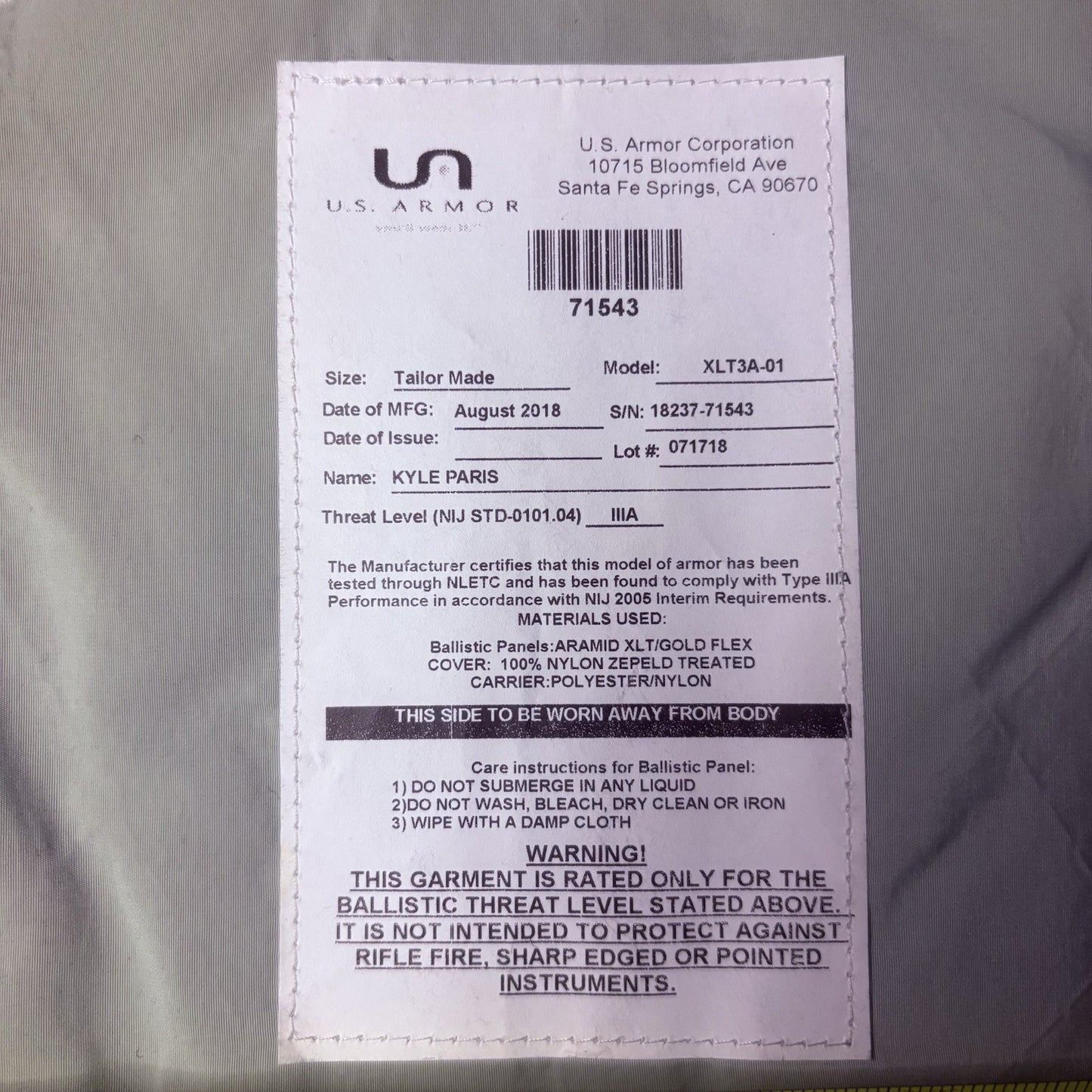 US Armor IIIA (3A) Bullet Proof Vest Size Female Medium 2018 w/6x8" Trauma Plate15