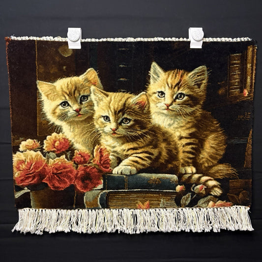 Persian Pictorial Rug Kittens Hand Knotted w/Silk Inlays 24”x16” w/Rug Hangers0