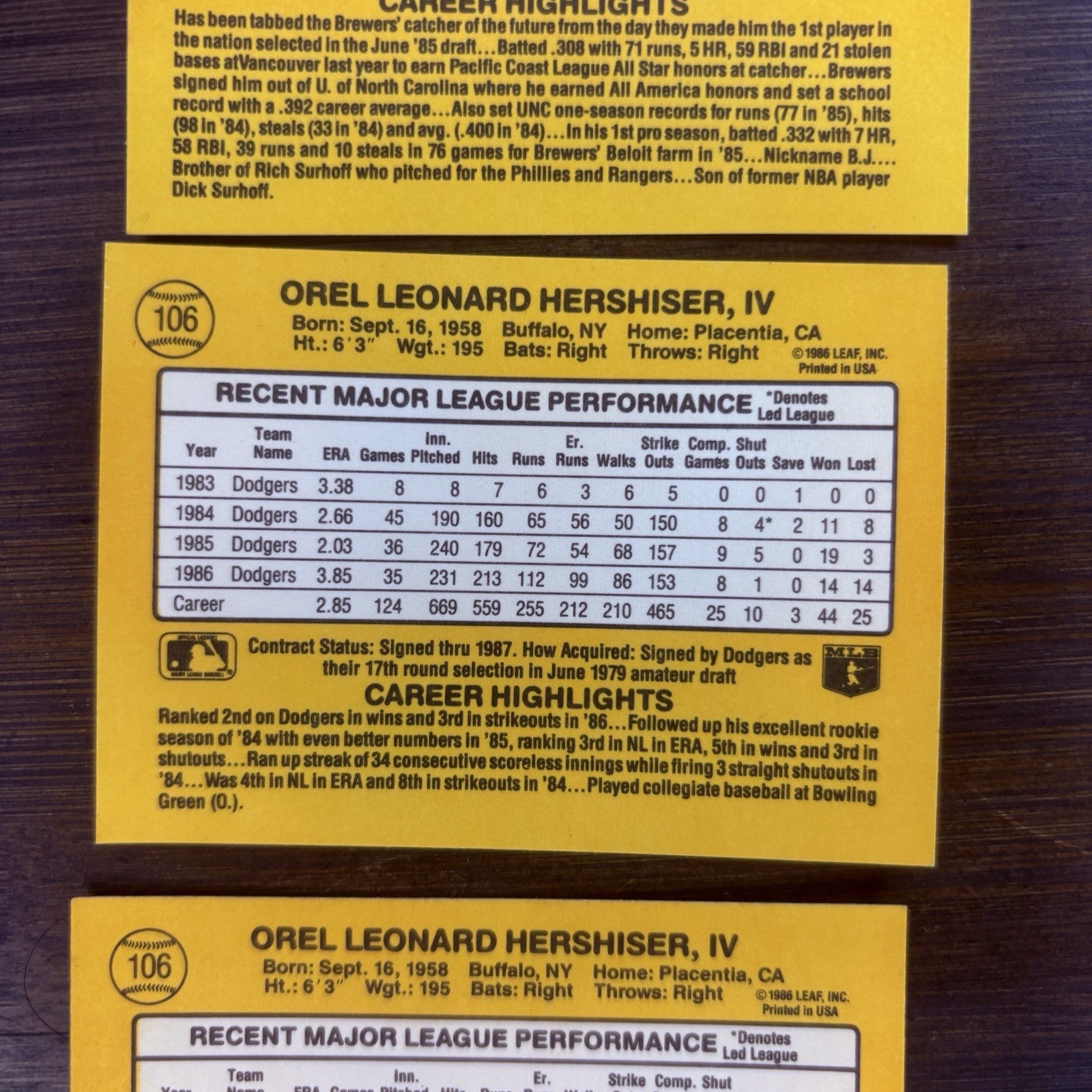 1987 Donruss MLB Card (Lot Of 3) Orel Hershiser & William Surhoff Rookie Card6
