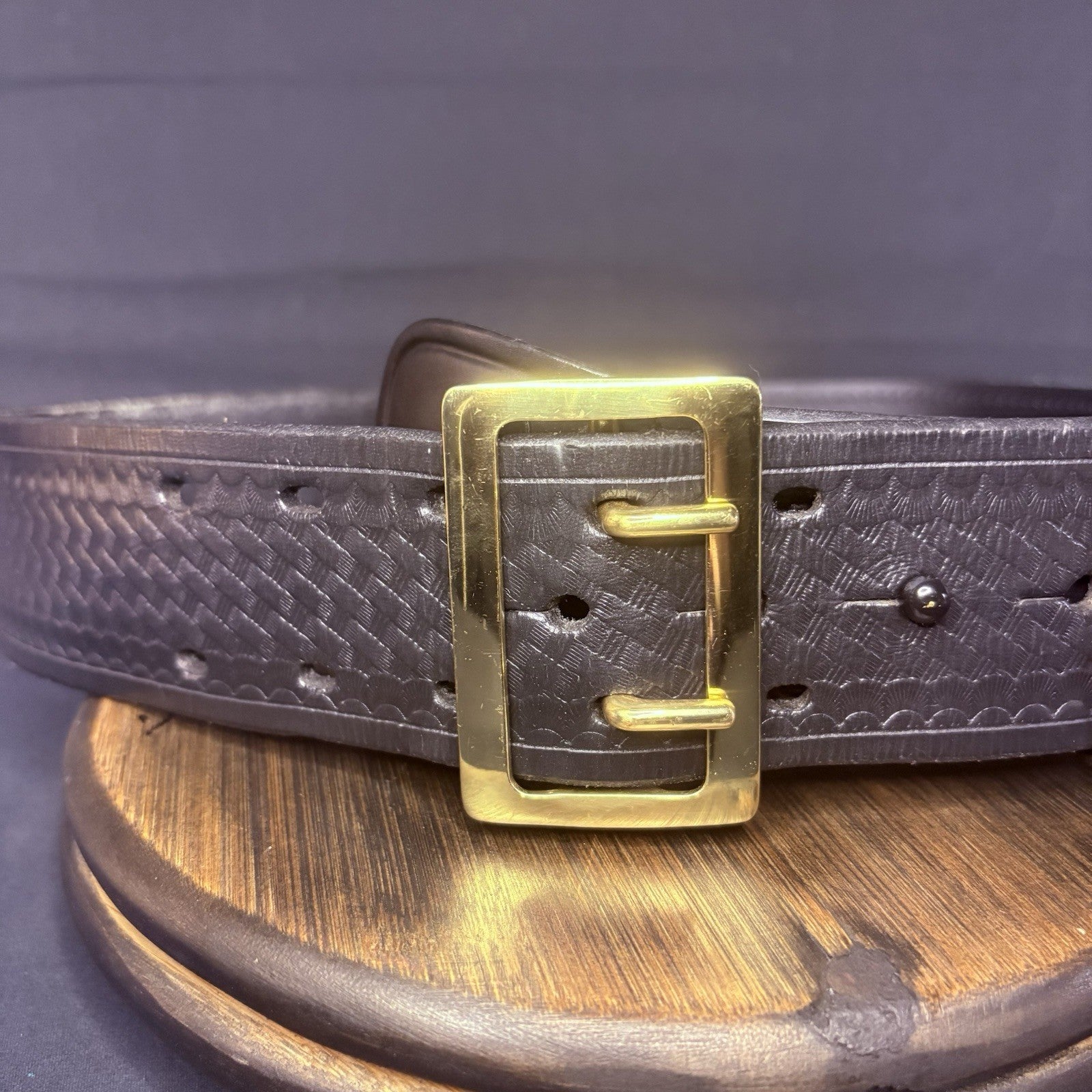 Aker Sam Browne Duty Belt (B03-36)  Size 36" Black Basketweave w/Brass Buckle1