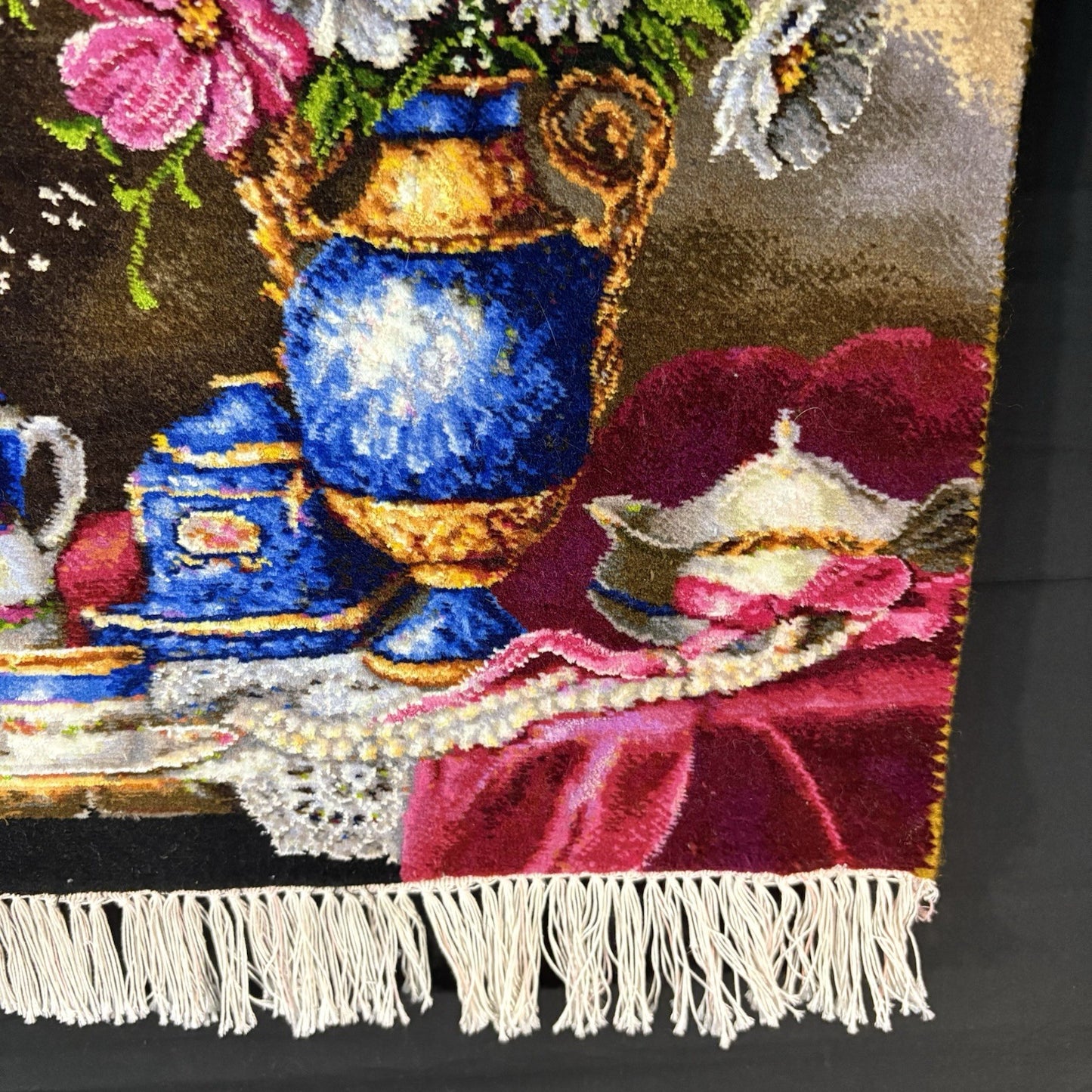 Pictorial Rug Flower Hand Knotted Tab’riz 23”x16” Cotton w/Silk 240KPSI3