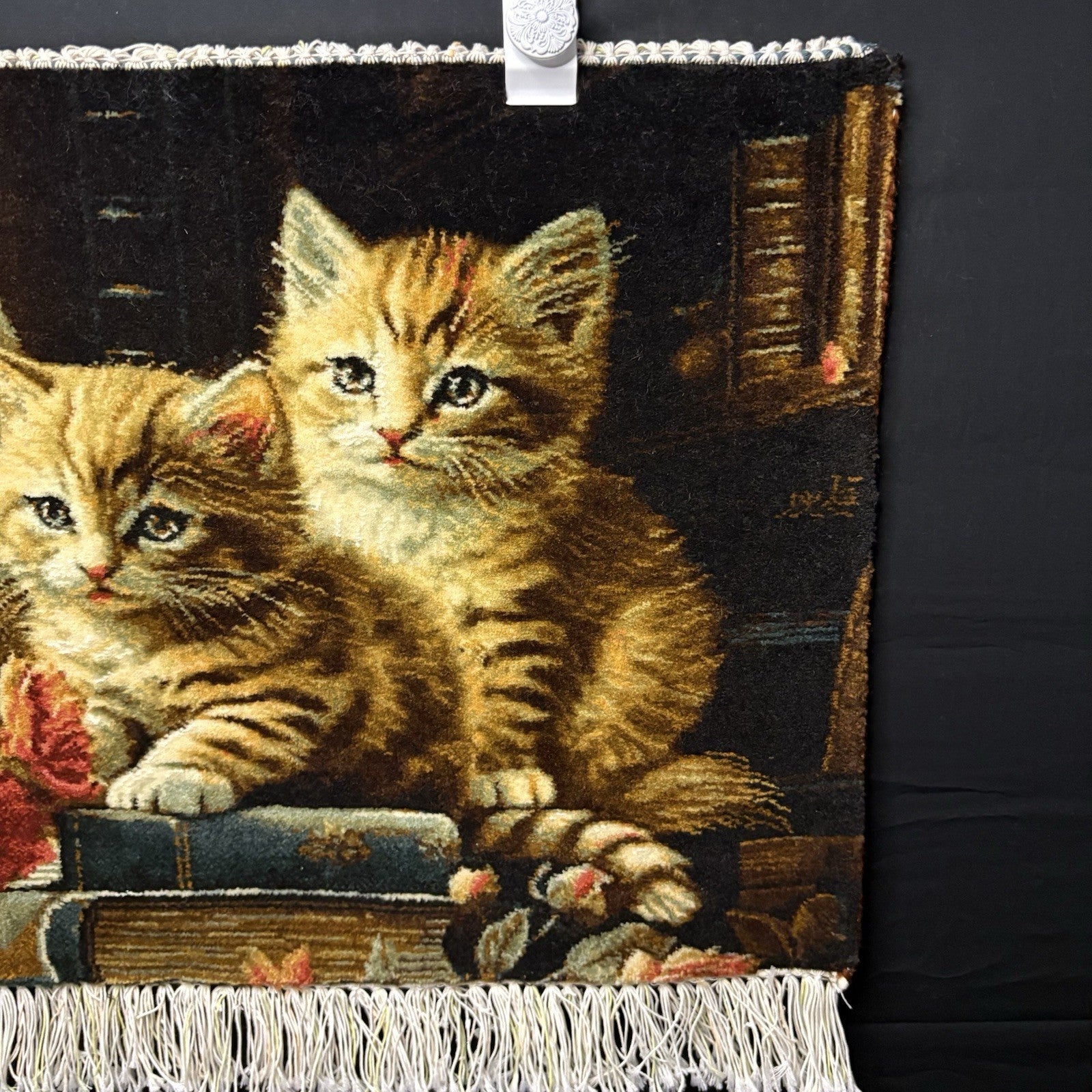 Persian Pictorial Rug Kittens Hand Knotted w/Silk Inlays 24”x16” w/Rug Hangers8