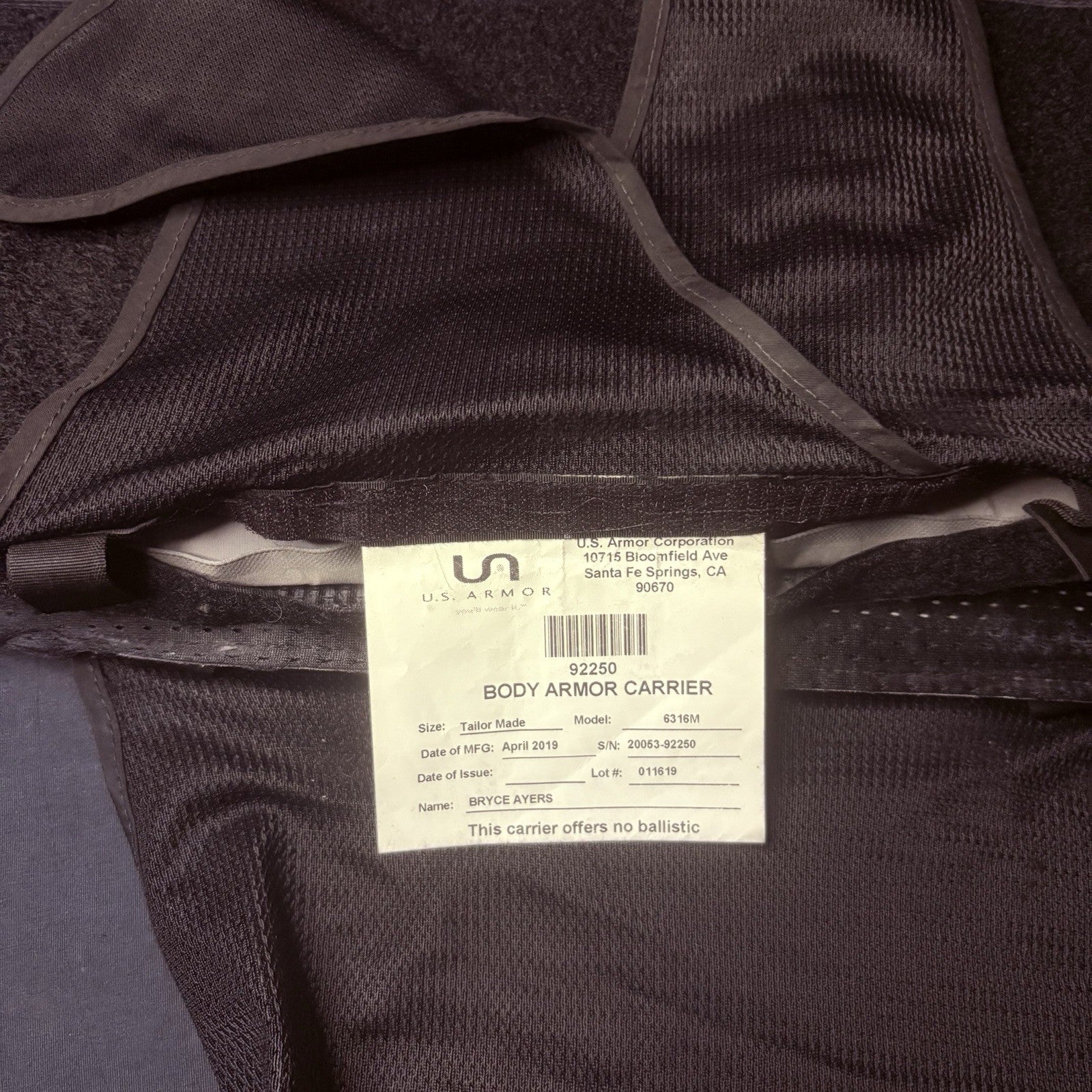 US Armor IIIA (3A) Bullet Proof Concealable Vest -Size SMALL- 201910