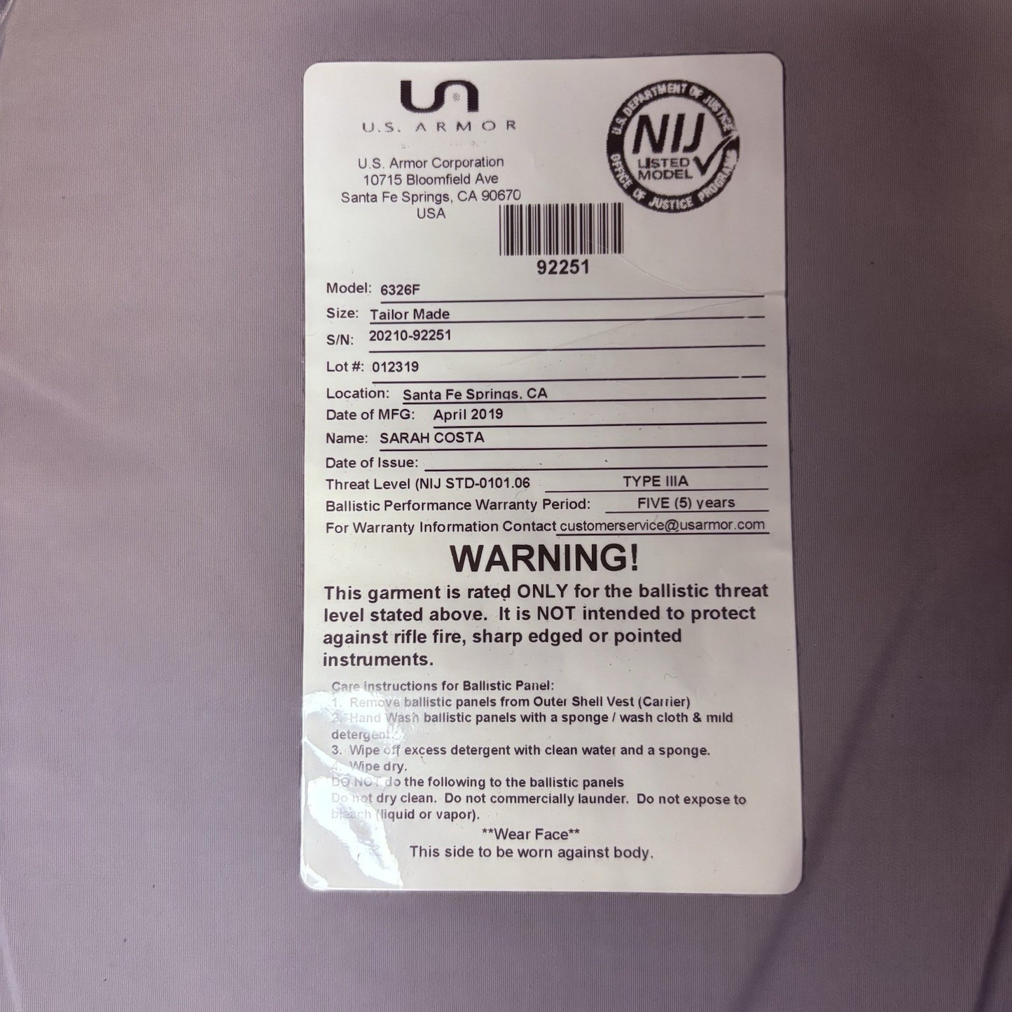 US Armor IIIA (3A) Bullet Proof Concealable Vest -Size Female Small- 201916